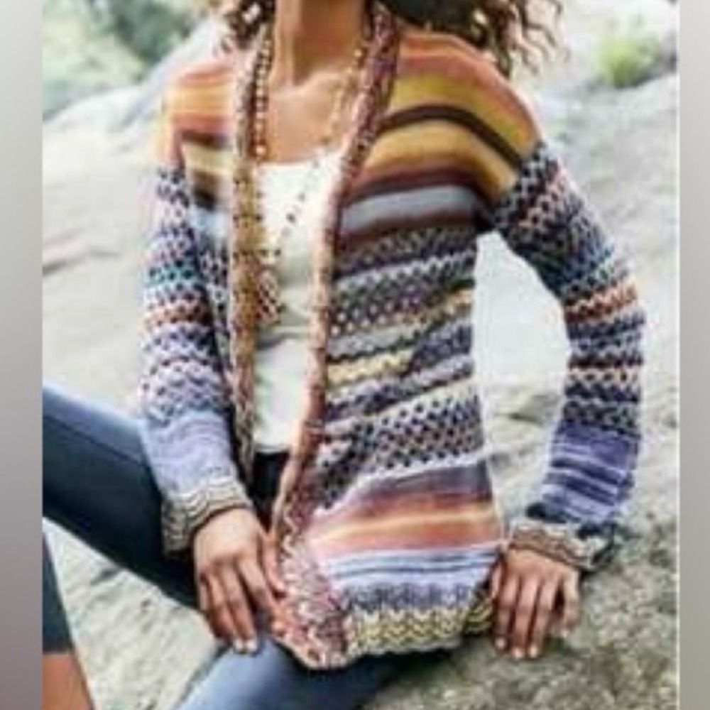 Soft Surroundings Albi Striped Crochet and‎ Knit Longline Open Front Cardigan M